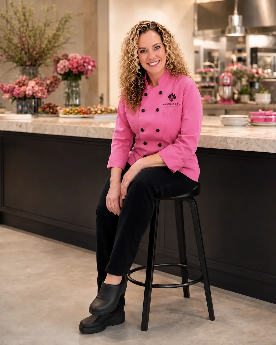 Mary Higby in her signature pink Wildfleur & Co. chef coat
