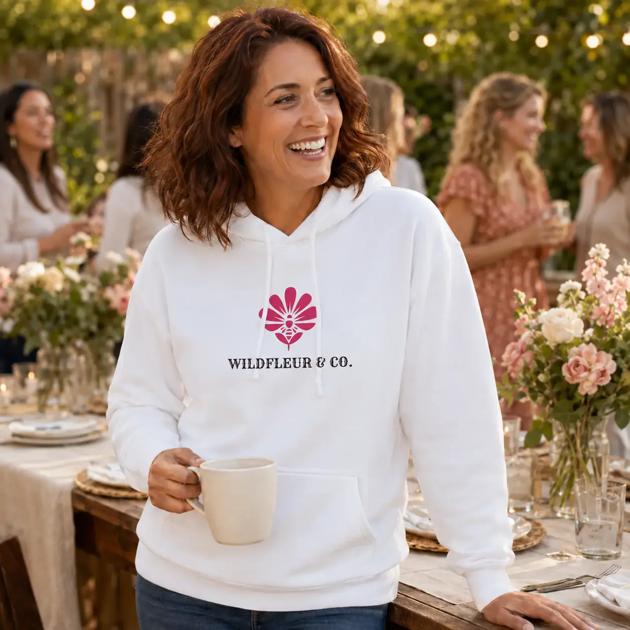 Woman enjoying a garden gathering in a white Wildfleur & Co. hooded sweatshirt