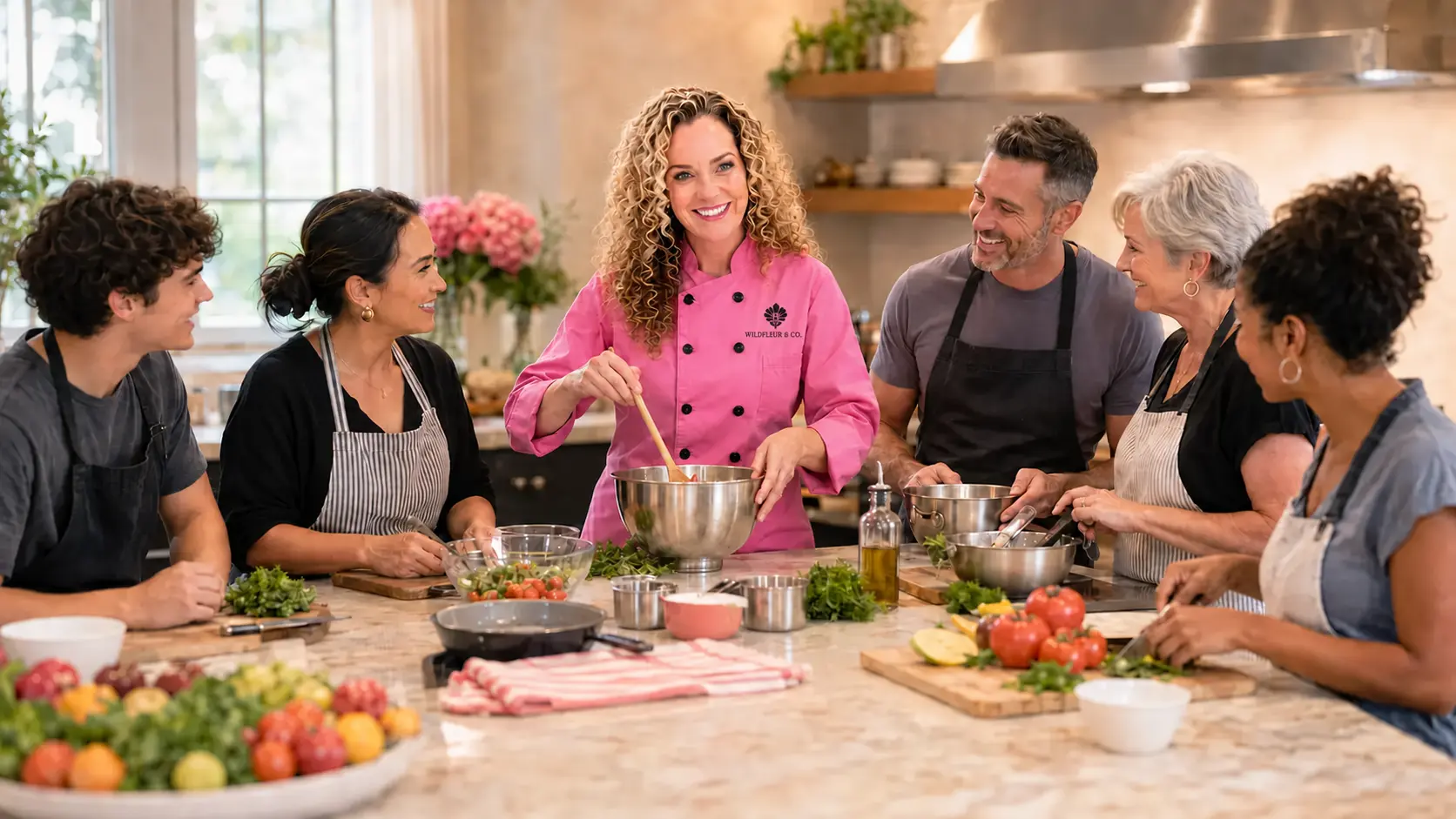 Mary Higby teaching an interactive cooking class in her branded pink Wildfleur & Co. chef coat