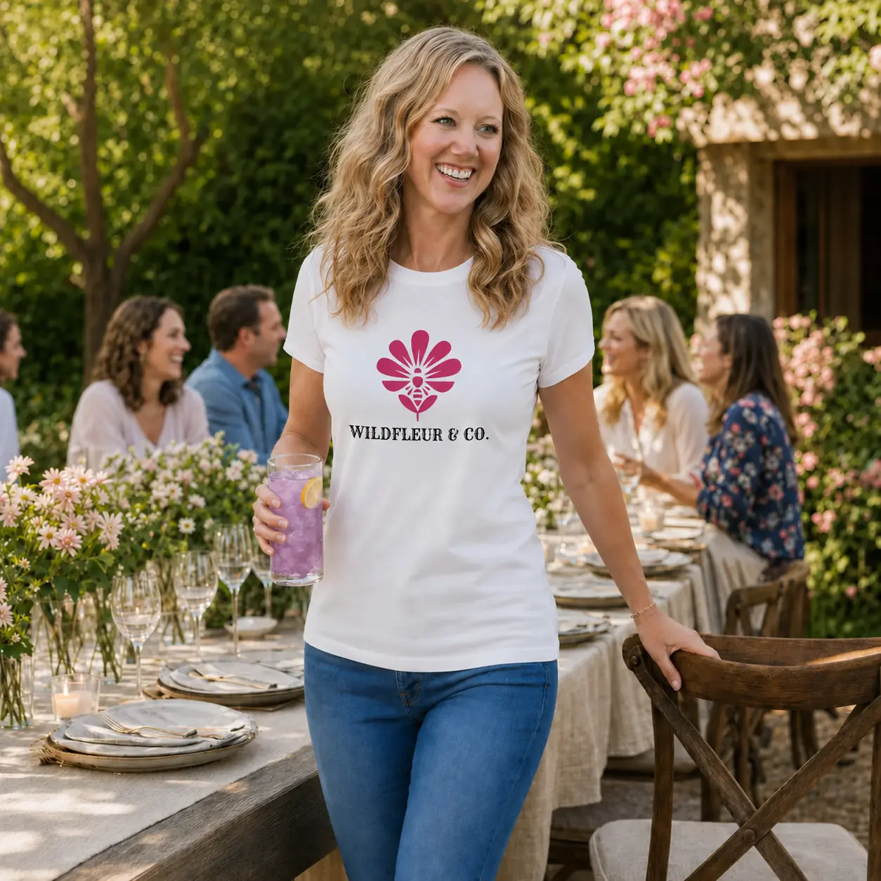 Mary’s friend enjoying a garden gathering in a white Wildfleur & Co. T-shirt