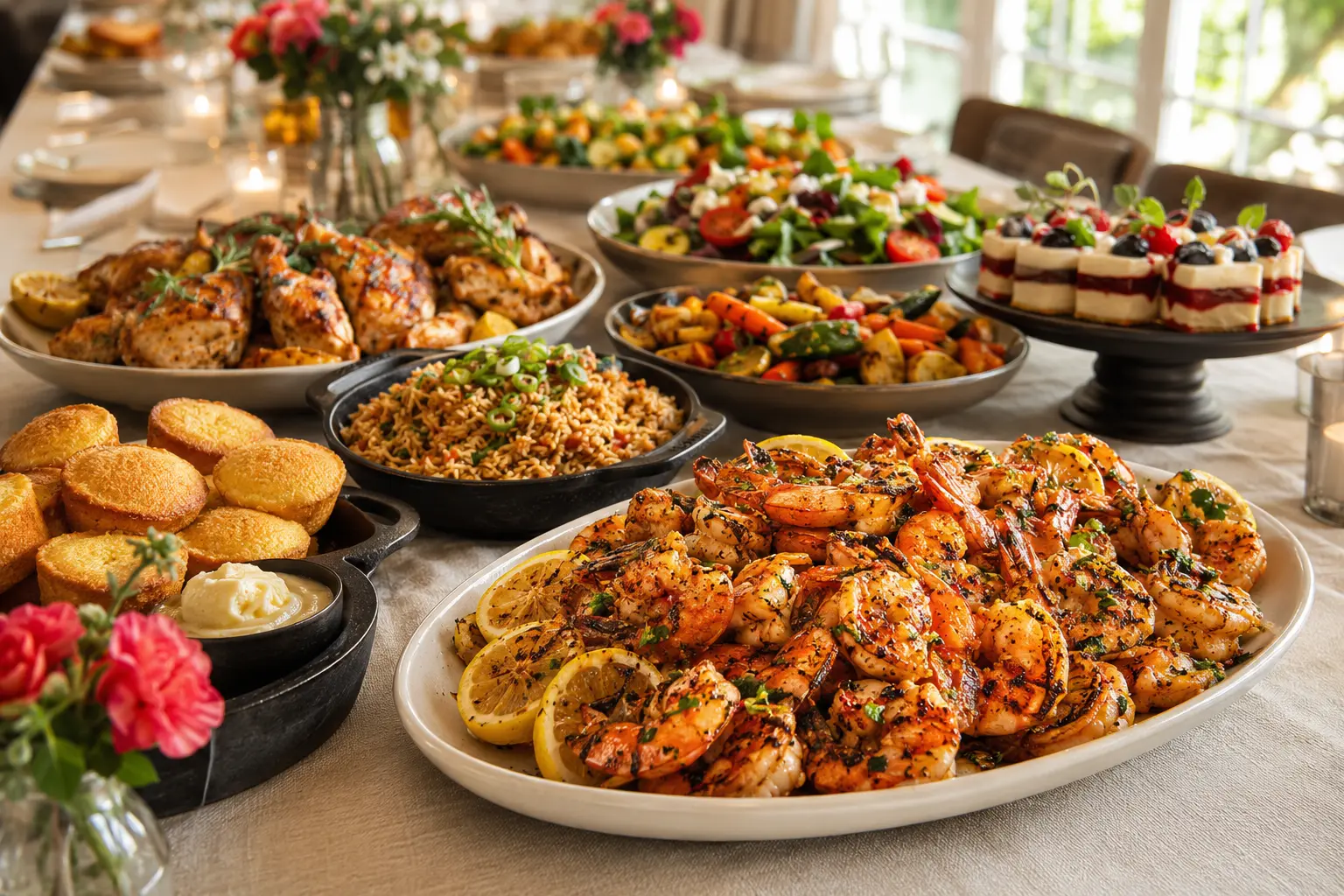 A colorful Southern and Cajun Wildfleur & Co. food spread
